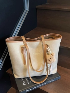 Women Large Capacity PU Leather Tote Bag Vintage Minimalist Shoulder Bag With Bear Pendant Simple Solid Color Handbag