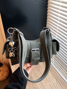 Vintage dark green Y2K shoulder bag with silver buckle and heart charm accessories