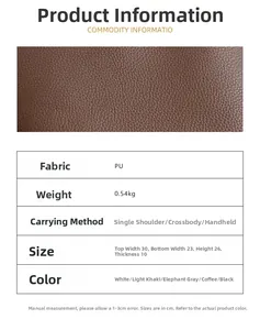 Detailed size specifications and material texture for the large commuter bucket handbag