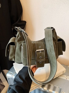 Retro olive green underarm bag with vintage buckle straps and utility pockets