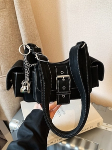 Chic black shoulder bag with contrast stitching and silver metal chain detail
