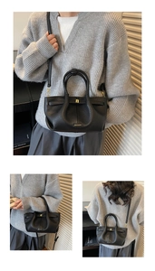 Detailed views of a black litchi pattern bucket bag with gold hardware and strap
