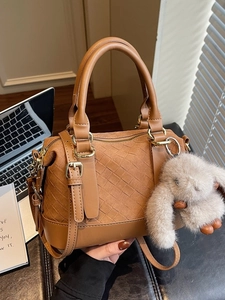 Vintage Woven Boston Bag For Women PU Leather Retro Commuter Crossbody Bag With Rabbit Charm Top Handle Satchel Shoulder Bag