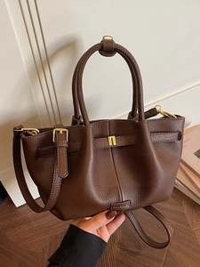 Dark brown pebble leather tote bag with top handles and adjustable shoulder strap