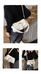Detailed views of a cream faux leather shoulder bag featuring a silver metal buckle