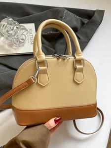 Minimalist shell-shaped handbag in beige and brown leather with double handles