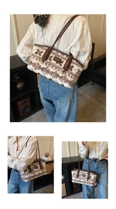 Close-up of contrast faux fur tote bag with brown leather handles and brand logo tag
