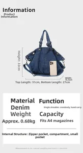 Detailed dimension chart for large denim tote bag showing measurements and interior layout