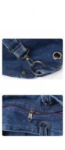 Detail view of navy denim tote bag with high-quality metal buckles and smooth zipper