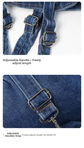 Detail view of adjustable denim shoulder strap with durable metal buckle and sliders