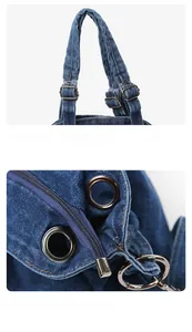 Detail of adjustable denim strap with silver metal buckles and zipper closure