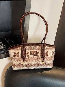 Retro oversized woven tote bag in beige and brown with premium leather trim and handles