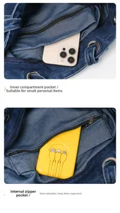 Detail view of denim tote bag interior showing inner compartments and zipper pocket