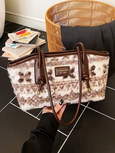 Bohemian patterned faux fur tote bag with leather handles and vintage geometric print