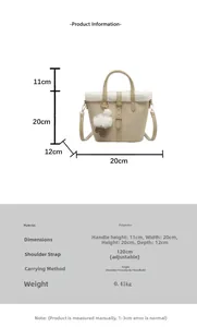 Size diagram of beige faux suede tote bag with plush trim and adjustable shoulder strap