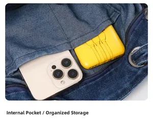 Detail of blue denim tote bag interior showing functional pockets for phone and power bank
