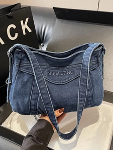Deep blue denim tote bag with pleated design and SUBELETING embroidery for women