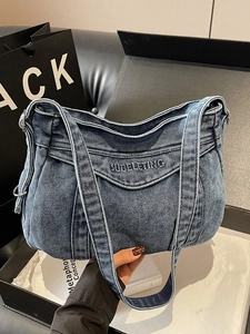 Large capacity blue washed denim shoulder bag with Subeleting embroidery and wide strap