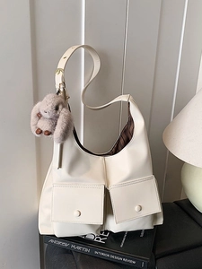 Retro cream white large tote bag with multi-pockets and cute rabbit pendant decoration