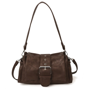 Deep brown leather shoulder bag with vintage buckle and stylish eyelet strap details