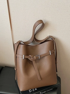 Brown litchi grain leather bucket bag with silver metal buckle on black books