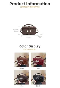 Detail view of retro leather crossbody bag with silver buckle and size dimensions