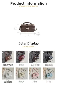 Detailed size chart and eight color options for the H-buckle crossbody handbag