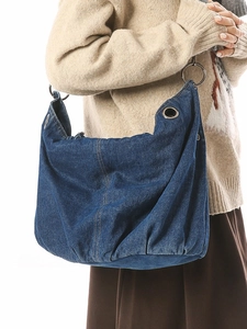 Retro oversized dark blue denim hobo bag with vintage metal ring and contrast stitching