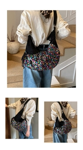 Detail showing the large capacity sequin crossbody bag in multiple wear angles