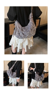 Detailed views of gray sequin tote bag showing large capacity and soft fabric strap