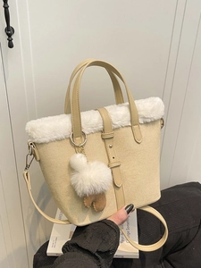 Women Faux Fur Trim Suede Style Bucket Bag Urban Minimalist Stitching Handbag With Detachable Strap Crossbody Bag Daily
