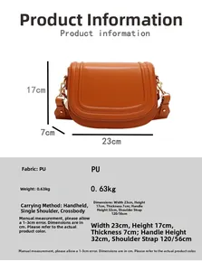 Vue détaillée du sac selle en PU marron foncé montrant les dimensions et les boucles