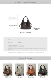 Detailed view of PU leather bucket bag dimensions, rotating lock and strap specifications