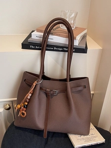 Brown large capacity tote bag with litchi texture and beaded tassel charm for women