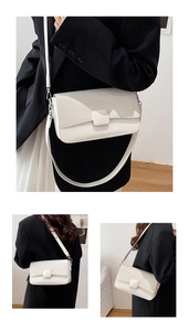 Three-panel detail of a cream rectangular flap bag worn with a black blazer