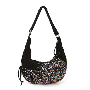 Retro crescent shoulder bag with colorful sequins and adjustable strap in black matte finish