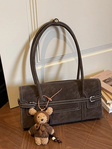 Retro dark brown matte leather tote bag for women featuring a cute plush bear pendant