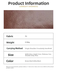 Detailed size and material chart for small PU leather crossbody bag showing dimensions