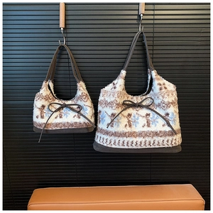 Winter plush tote bag set in beige fleece with snowflake pattern and brown leather straps