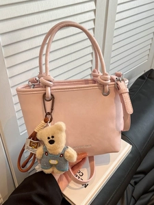 Korean Style PU Leather Bucket Bag For Women With Knot Handle And Bear Charm Fashion Crossbody Shoulder Handbag