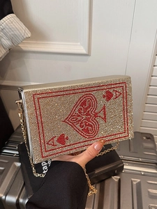 Sac de soirée luxueux en strass motif carte de poker avec bandoulière dorée