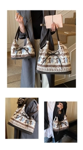 Close-up of plush tote bags in two sizes with snowflake jacquard and ribbon bow detail
