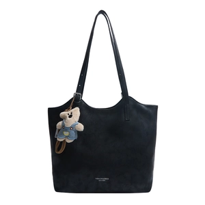 Vintage large capacity black tote bag with cute plush bear pendant for daily commuting