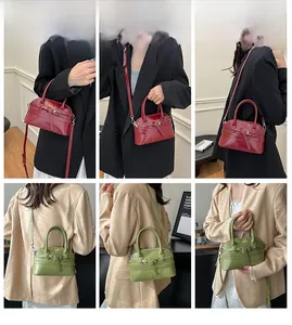 Detailed views of stylish red and green mini square handbags shown on a fashion model