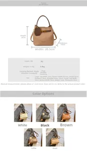Détails du sac seau en cuir PU incluant les dimensions et la bandoulière réglable