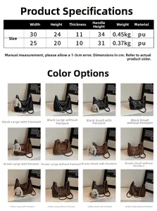 Size chart and color options for the chain tote bag including dimensions and PU material