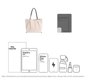Beige tote bag capacity comparison showing fit for 11-inch iPad Pro and smartphone