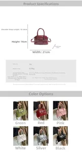 Size guide for PU square handbag showing dimensions 21x14x8cm and multiple color options
