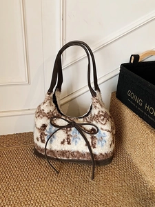 Vintage Plush Tote Bag Women Large Capacity PU Leather Patchwork Shoulder Bag With Bowknot Decoration For Daily Commute