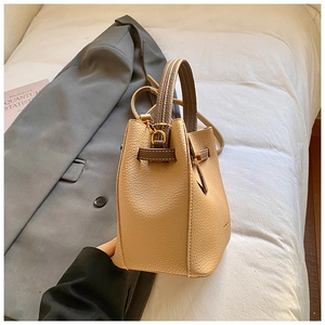 Détail du sac à main en cuir grainé avec finitions dorées et bandoulière grise